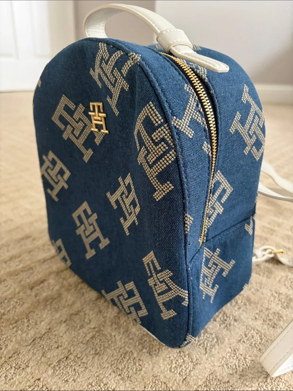 Tommy Hilfiger Blue Monogram Canvas Backpack with White Straps